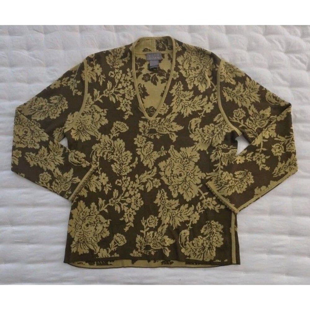 Sigrid Olsen Silk Blend Floral Jacquard Knit Top M Vintage Whimsigoth V-Neck